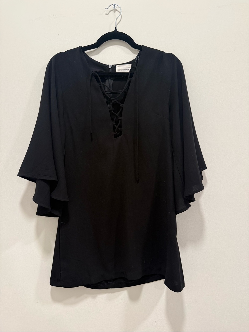 Gypsy Warrior Black Lace-Up Flutter Sleeve Mini Dress